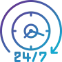 Clock icon with 24/7 text showing continuous service and all-day customer support