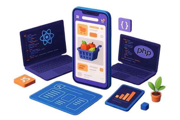 Mobile ecommerce app with shopping basket, surrounded by coding screens, analytics dashboard, and development tools