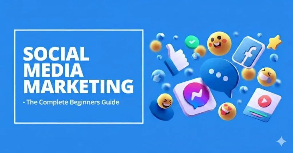 Illustration showing social media marketing icons like Facebook, Messenger, chat bubbles, reactions, and video content representing beginner social media marketing strategies