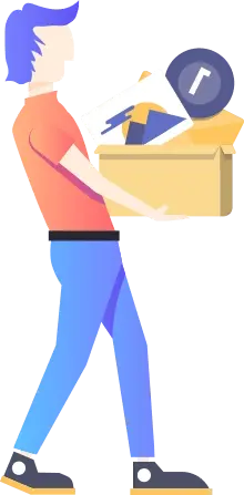 Illustration of a developer carrying a box with software development tools