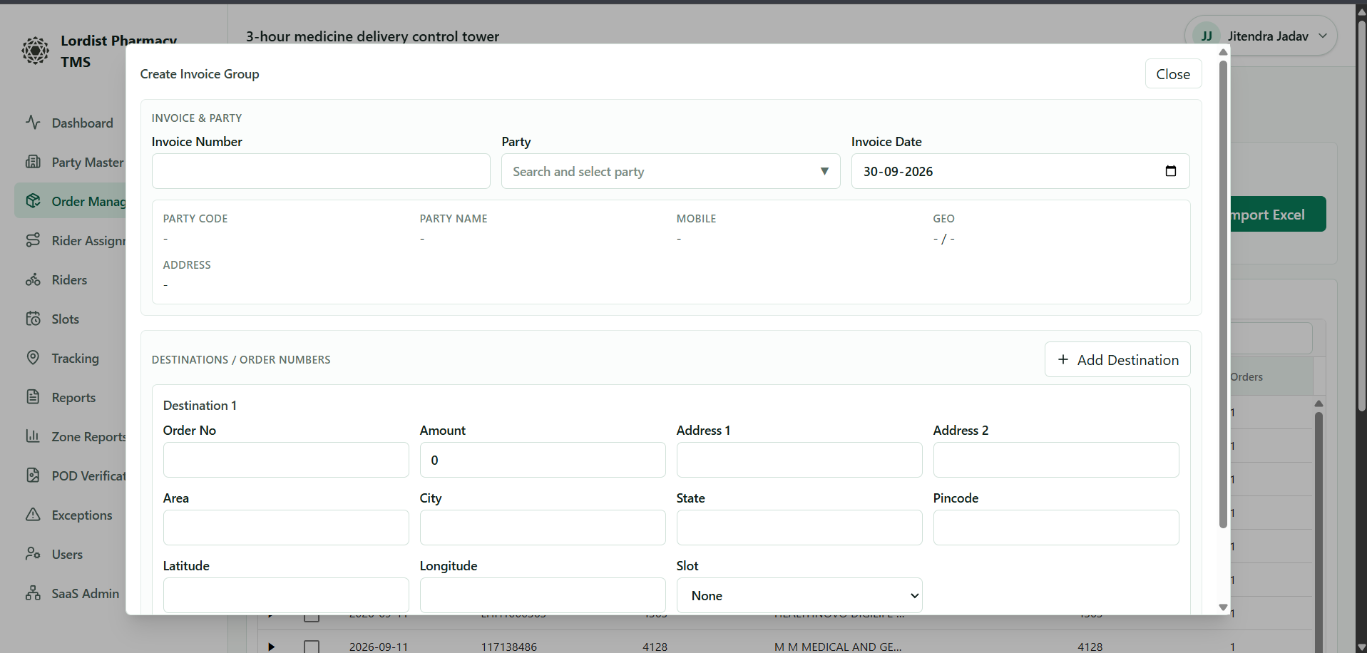 Pharmacy TMS create order screen for entering pharmacy delivery details
