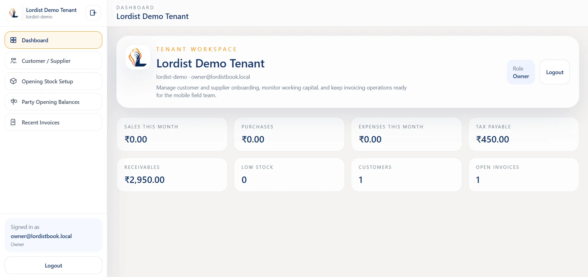 LordistBook purchase and billing dashboard screen with order totals, transaction details, and business summary panels