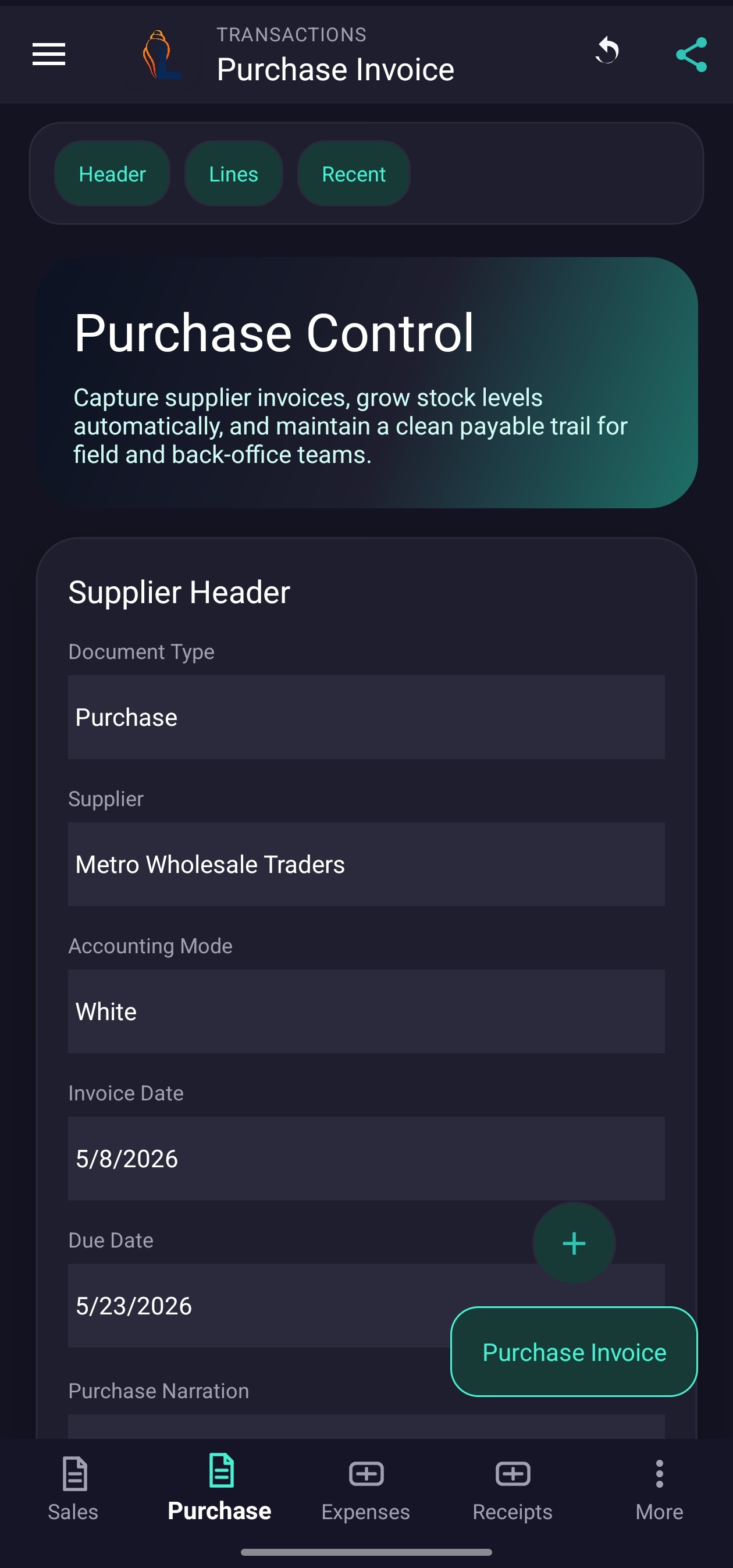 LordistBook mobile purchase control screen with supplier purchases, stock updates, and invoice management