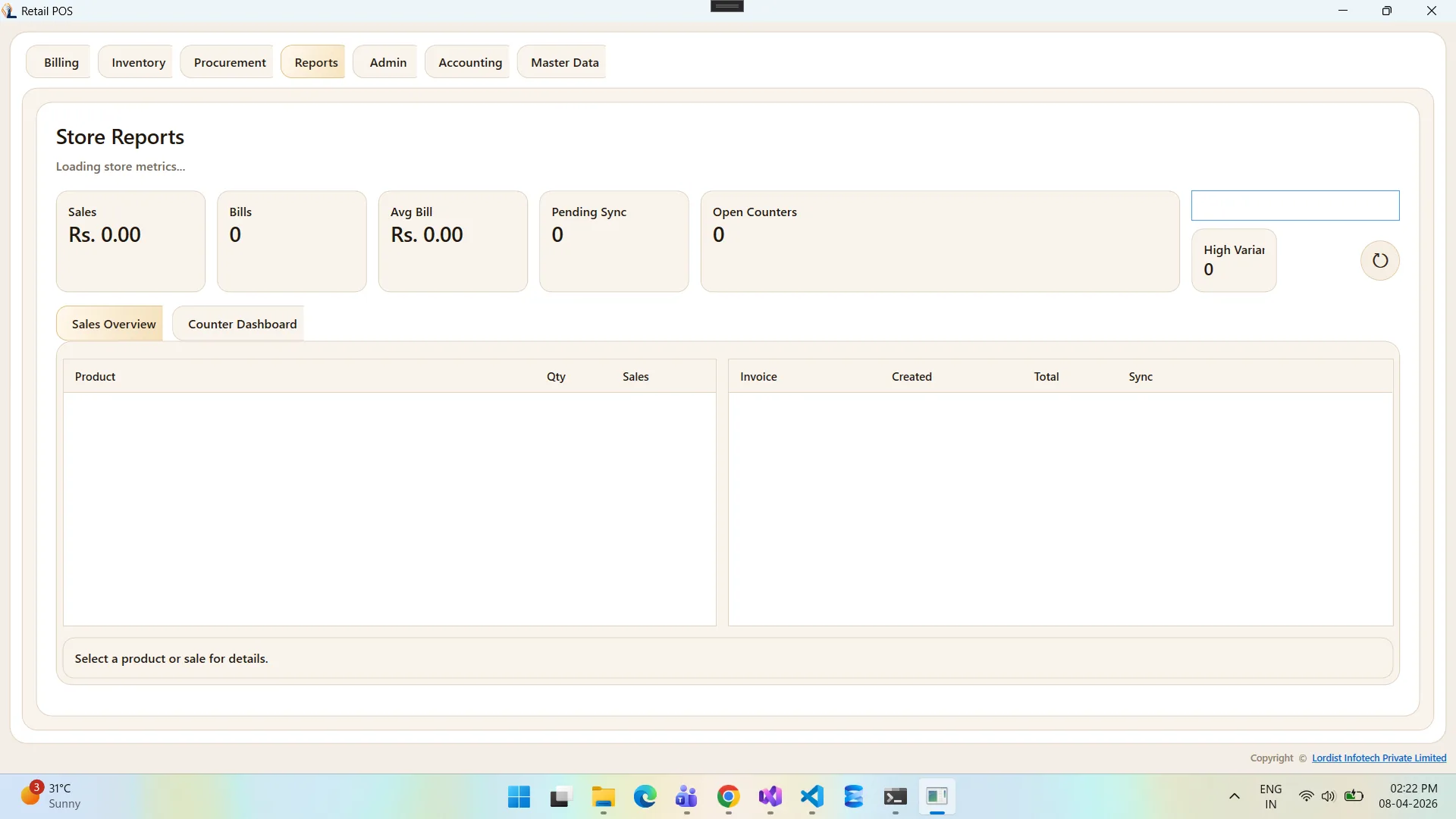 Retail POS customer billing screen showing checkout details, totals, and transaction actions