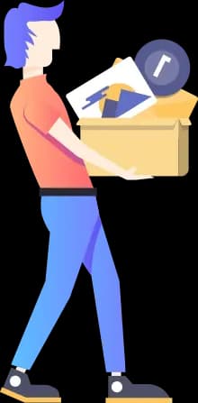 Unlocking Potential through Technology Illustration of a developer carrying a box with software development tools