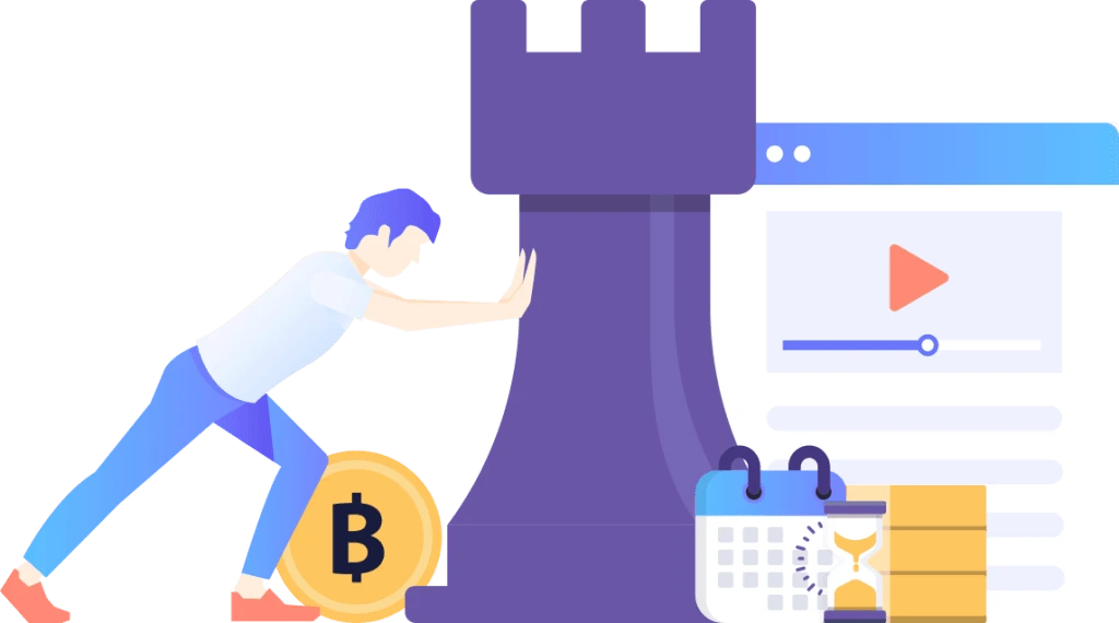 Content Strategy for Crypto Growth and Digital Marketing Success Illustration of a person pushing a chess rook with a Bitcoin coin beside digital content and calendar representing crypto marketing strategy and content planning