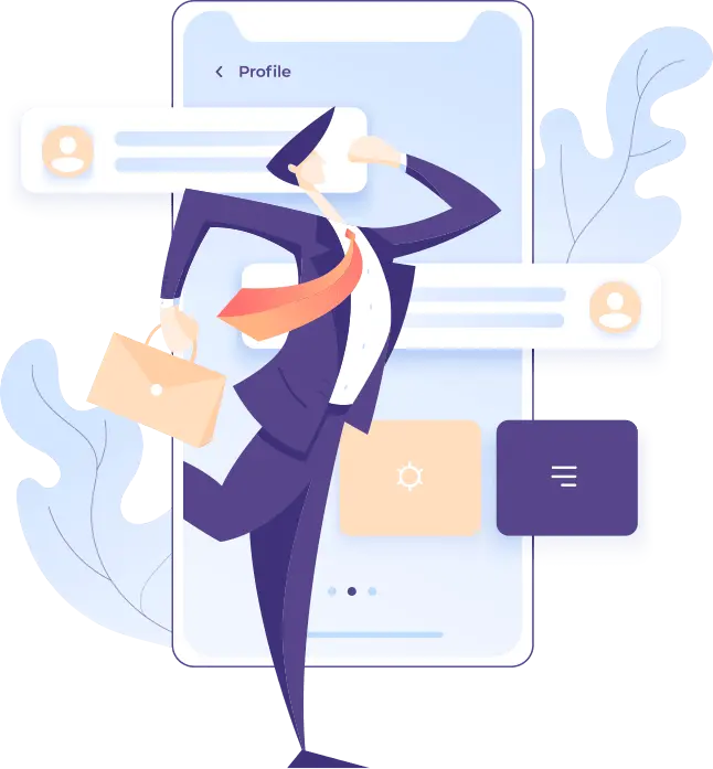 Mobile App Marketing and User Profile Interface Design Businessman running with briefcase in front of mobile app screen showing user profile and interface elements