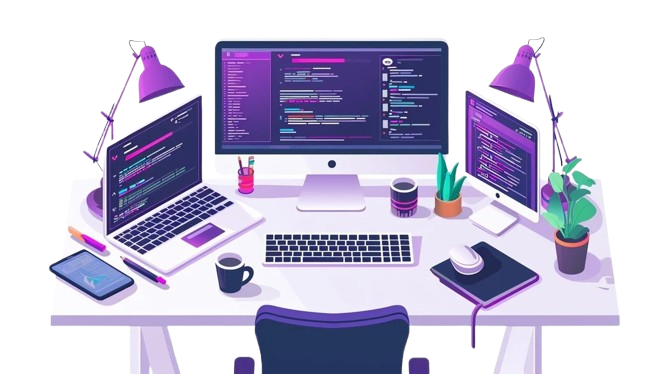 Web Development Workspace with Multiple Screens and Coding Setup Illustration of a web development workspace with desktop, laptop, tablet, and screens showing code