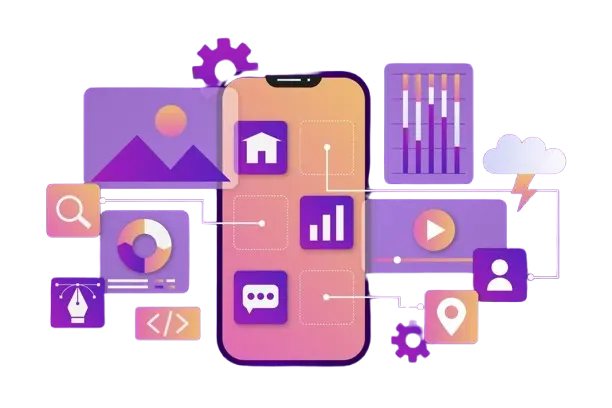 Mobile App Development Illustration with Smartphone Interface and Digital Features Smartphone illustration showing mobile app interface with analytics, chat, media, and user icons