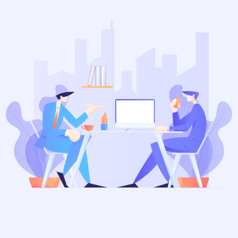Business Meeting Discussion with Team at Office Desk Illustration of two professionals having a business discussion at a desk with laptop in an office setting