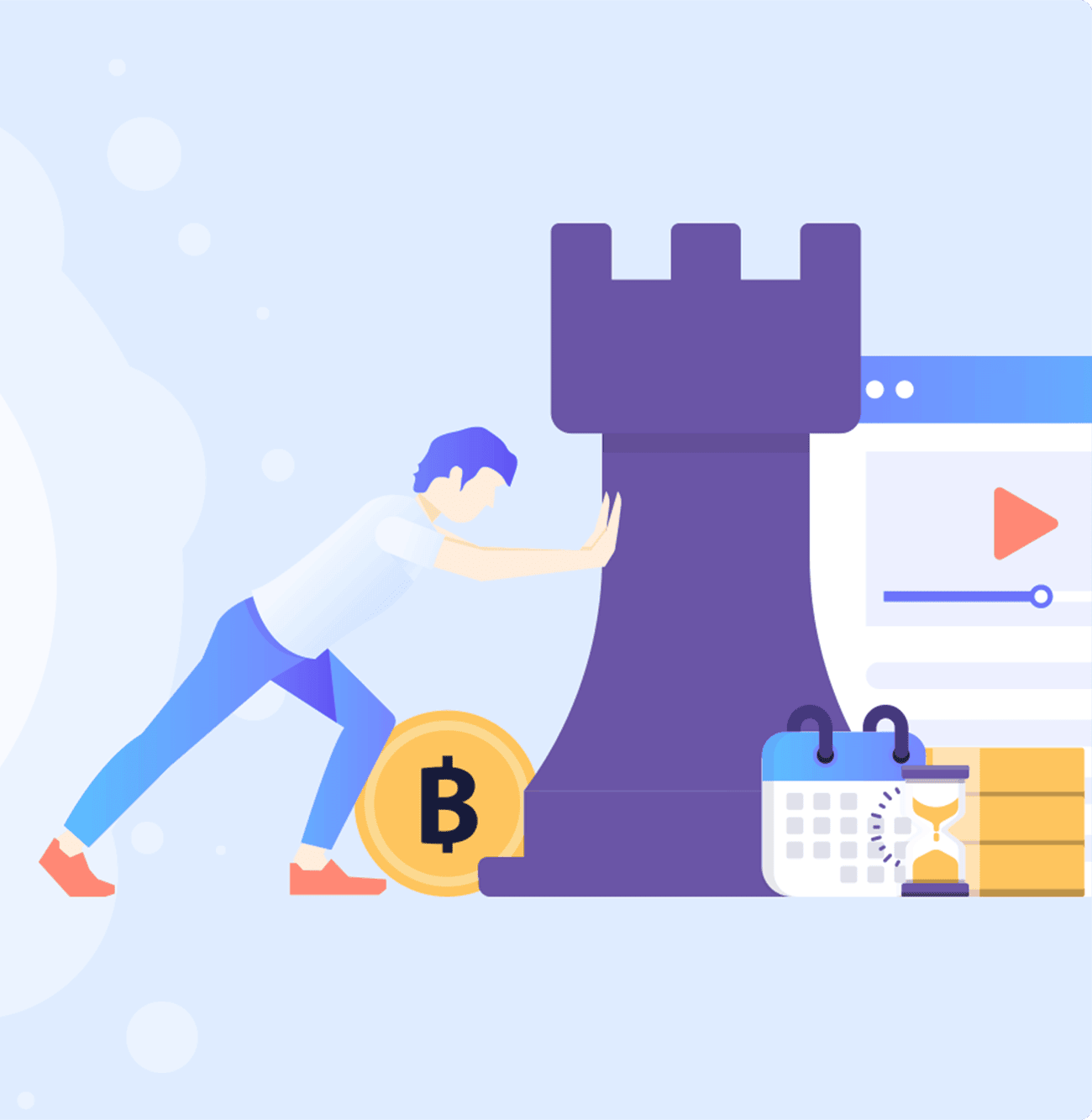 Business Strategy Planning Illustration with Chess Rook and Bitcoin Coin Illustration of a person pushing a chess rook with bitcoin coin, calendar, and digital screen representing strategy and planning