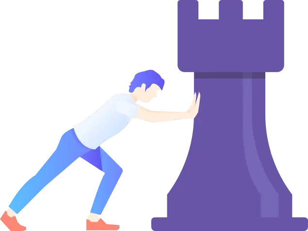 Business Strategy Illustration with Person Moving Chess Rook Piece Illustration of a person pushing a large chess rook symbolizing business strategy and planning