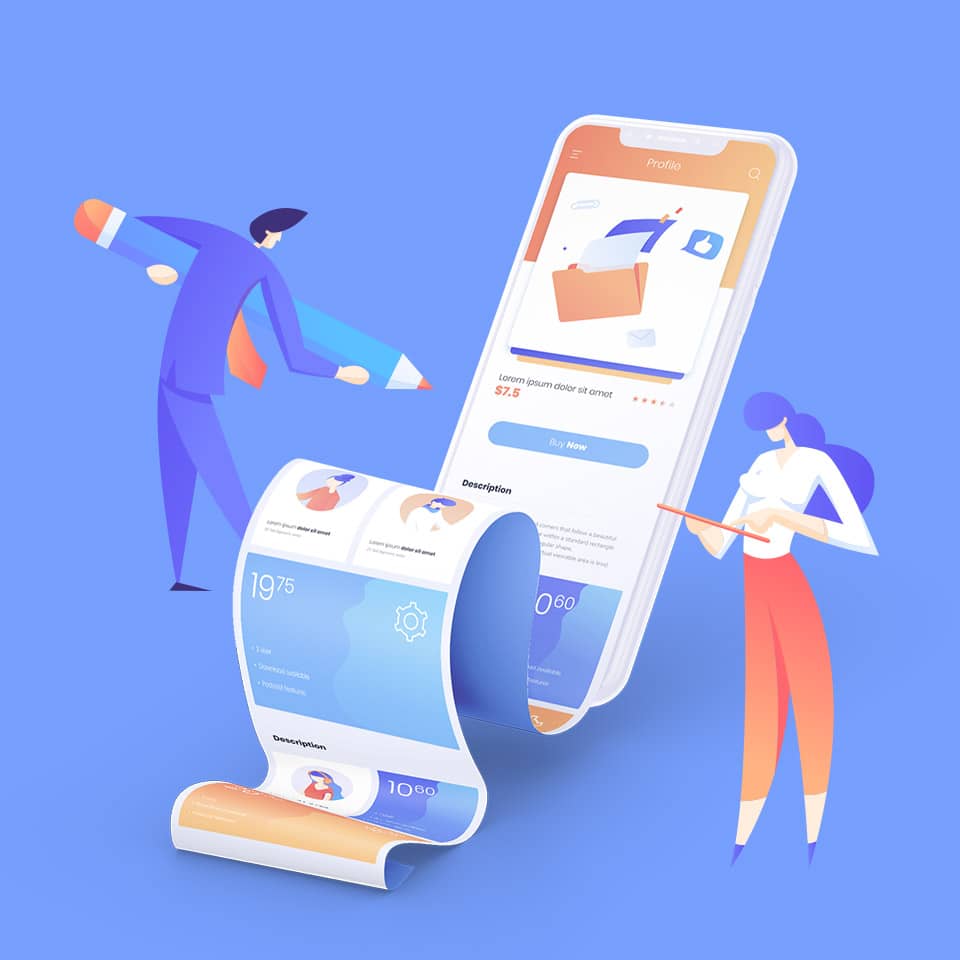 Mobile App UI Design Concept with Smartphone Interface and Creative Team Illustration of mobile app interface with designers working on smartphone UI layout and features