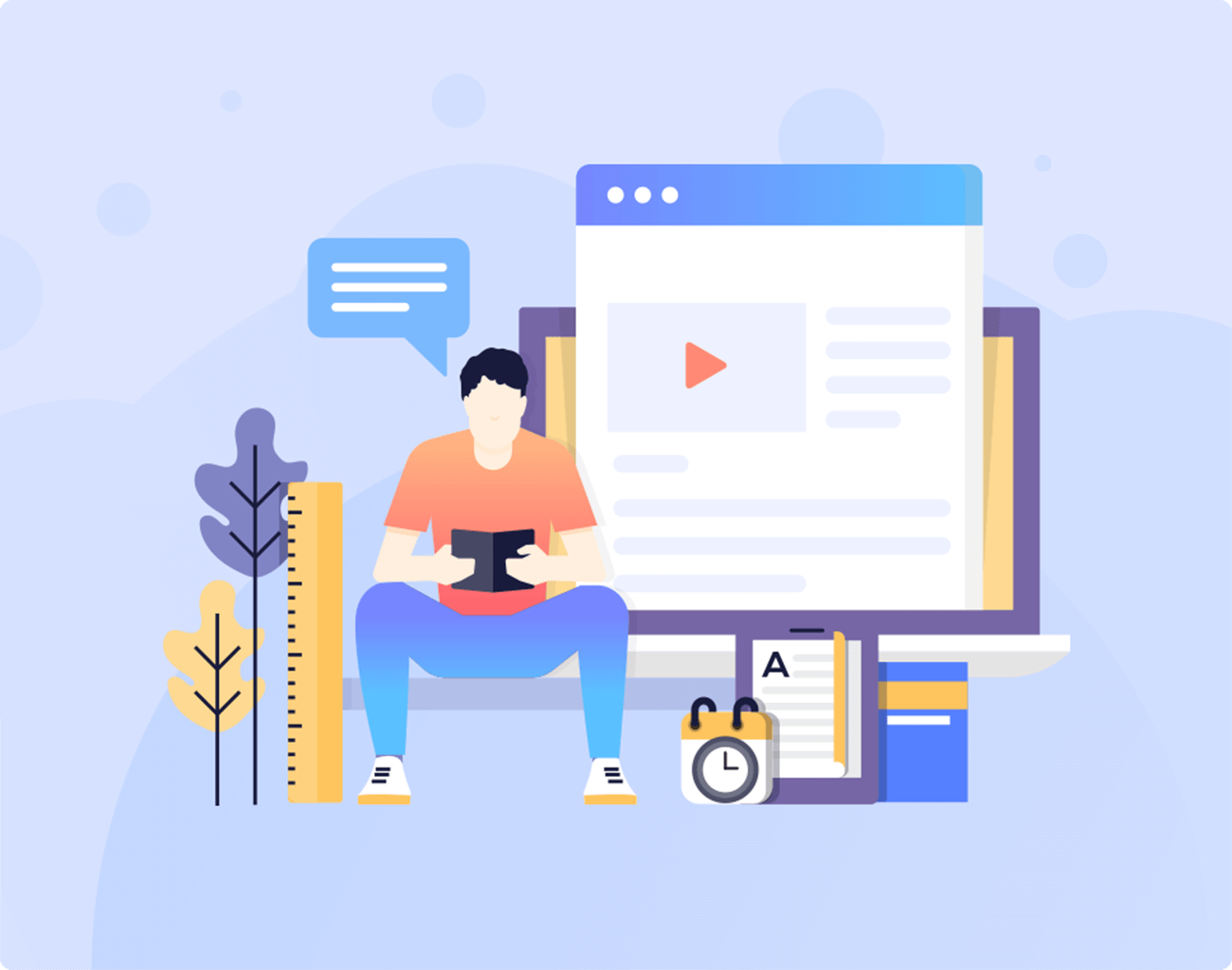 Online Learning and Video Content Platform Illustration with Student Using Tablet Illustration of a student using a tablet in front of an online video learning platform with notes and calendar