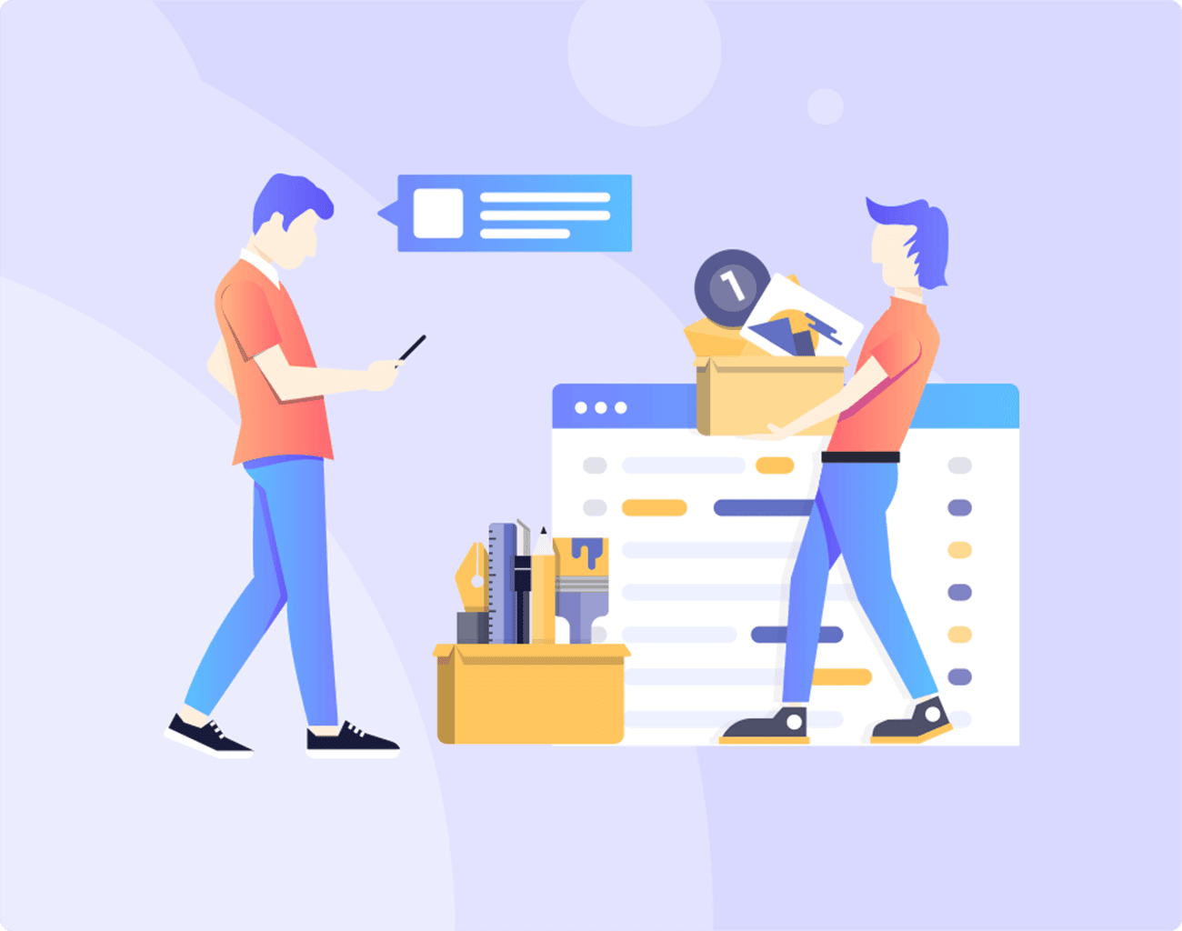 Online Order Processing and Package Delivery Illustration Illustration of people managing online orders with packages, tools, and a website dashboard