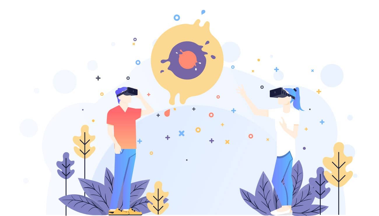 Virtual Reality Experience Illustration with People Using VR Headsets Illustration of two people using virtual reality headsets interacting in a digital environment
