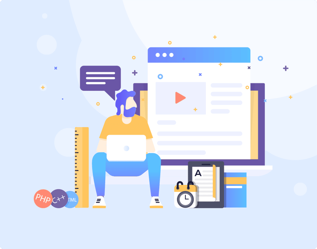 Web Developer Working on Website Interface with Coding Tools Illustration of a web developer using a laptop with website interface, video player, and programming icons