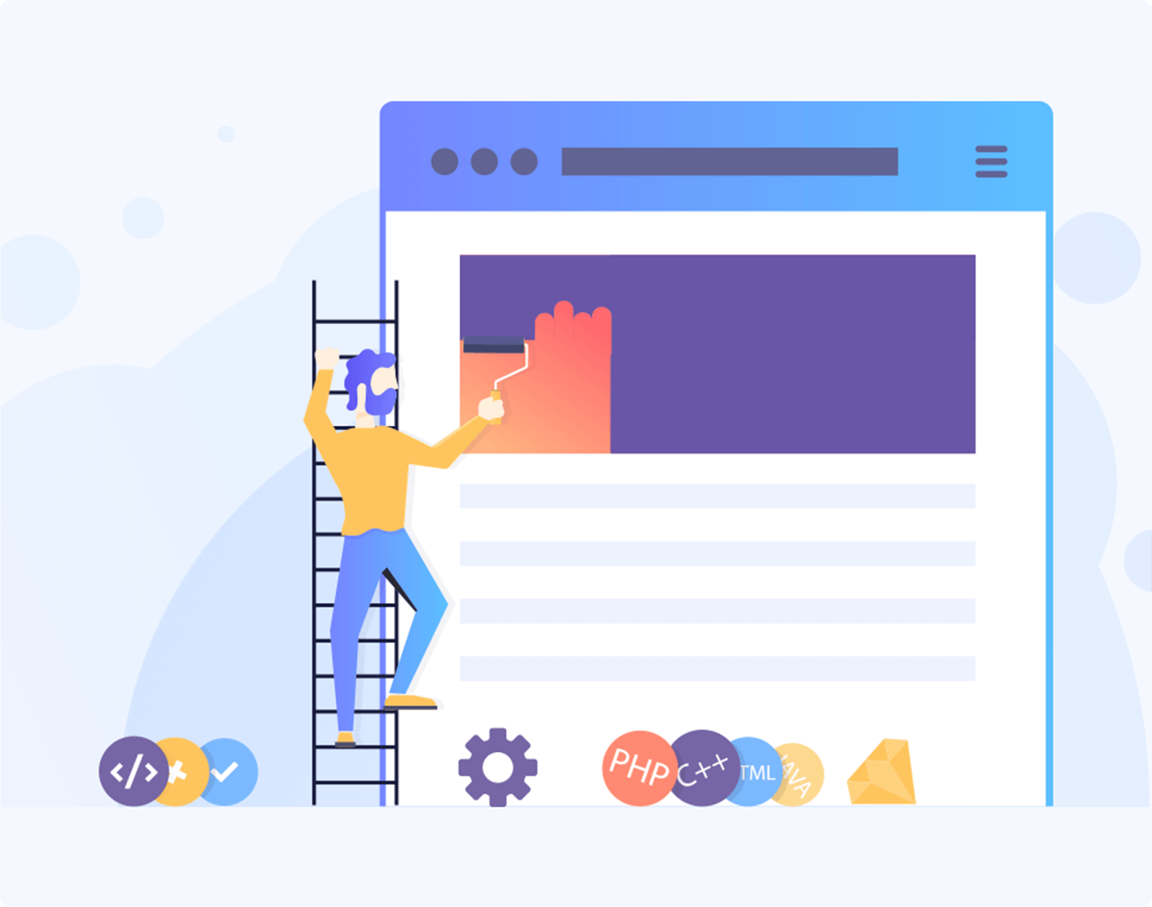 Website Development and Coding Illustration with Developer Working on Web Page Illustration of a developer updating a website page with coding icons like PHP, HTML, and programming tools